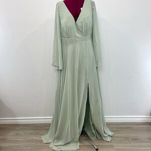 JJs House A-line V-Neck Chiffon Bridesmaid Dress Bell Sleeves Slit Sage 14/16